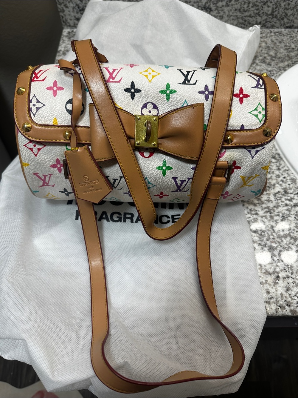Multicolor Monogram Bow Barrel Bag with Tan Leather Trim